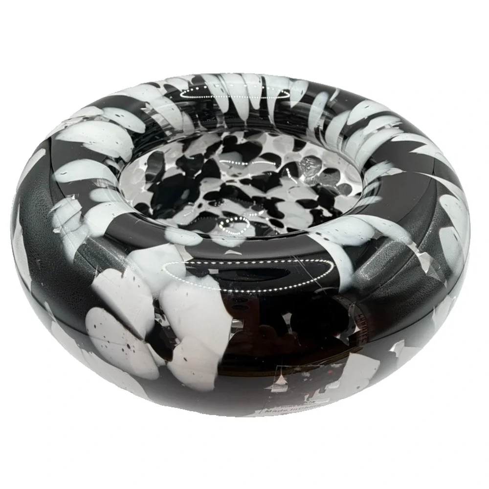 Hand Blown Glass Black & White Cased Bowl Vase